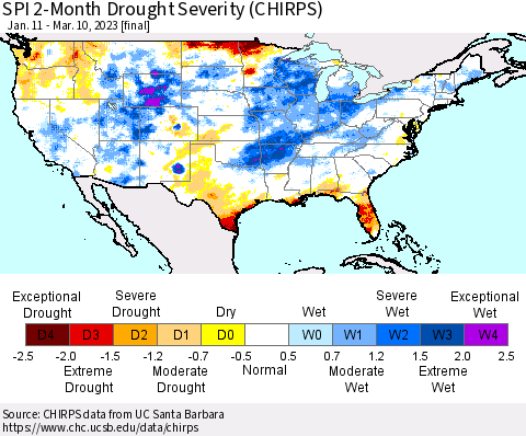 United States SPI 2-Month Drought Severity (CHIRPS) Thematic Map For 1/11/2023 - 3/10/2023