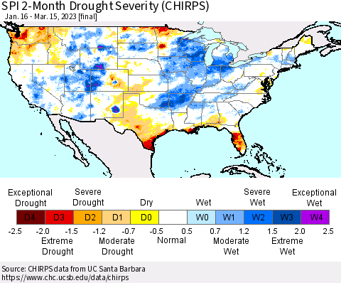 United States SPI 2-Month Drought Severity (CHIRPS) Thematic Map For 1/16/2023 - 3/15/2023