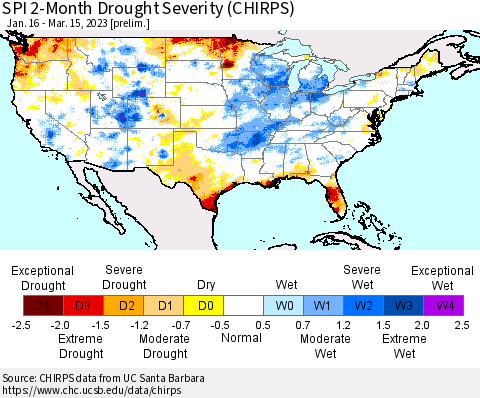 United States SPI 2-Month Drought Severity (CHIRPS) Thematic Map For 1/16/2023 - 3/15/2023