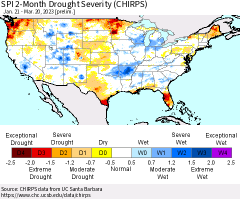 United States SPI 2-Month Drought Severity (CHIRPS) Thematic Map For 1/21/2023 - 3/20/2023