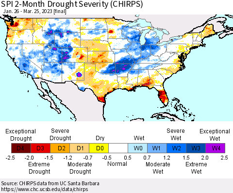 United States SPI 2-Month Drought Severity (CHIRPS) Thematic Map For 1/26/2023 - 3/25/2023