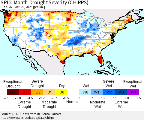 United States SPI 2-Month Drought Severity (CHIRPS) Thematic Map For 1/26/2023 - 3/25/2023
