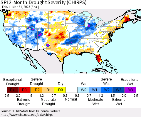 United States SPI 2-Month Drought Severity (CHIRPS) Thematic Map For 2/1/2023 - 3/31/2023