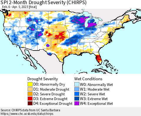 United States SPI 2-Month Drought Severity (CHIRPS) Thematic Map For 2/6/2023 - 4/5/2023