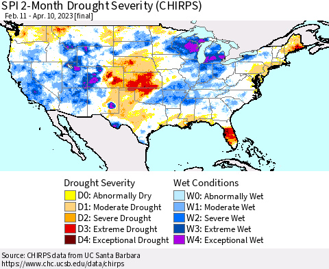 United States SPI 2-Month Drought Severity (CHIRPS) Thematic Map For 2/11/2023 - 4/10/2023