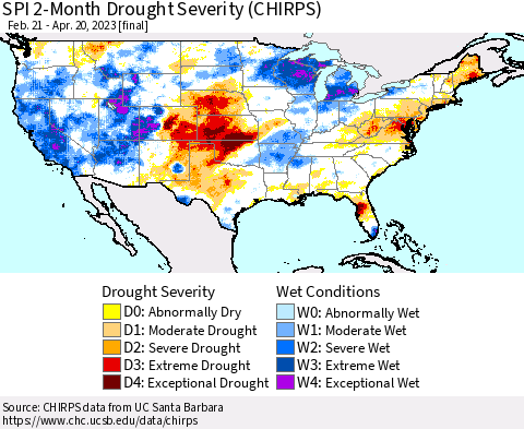United States SPI 2-Month Drought Severity (CHIRPS) Thematic Map For 2/21/2023 - 4/20/2023