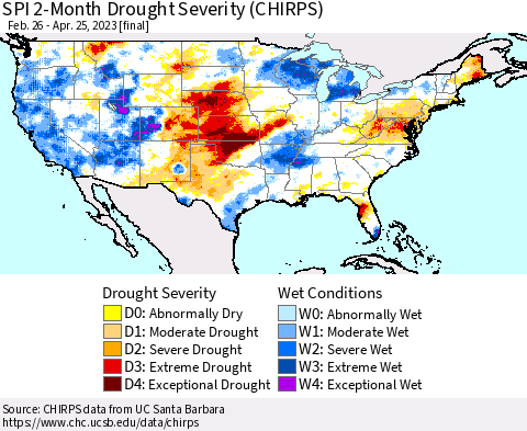 United States SPI 2-Month Drought Severity (CHIRPS) Thematic Map For 2/26/2023 - 4/25/2023