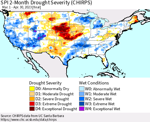 United States SPI 2-Month Drought Severity (CHIRPS) Thematic Map For 3/1/2023 - 4/30/2023