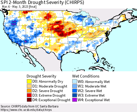 United States SPI 2-Month Drought Severity (CHIRPS) Thematic Map For 3/6/2023 - 5/5/2023