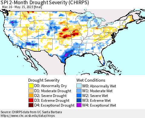 United States SPI 2-Month Drought Severity (CHIRPS) Thematic Map For 3/16/2023 - 5/15/2023