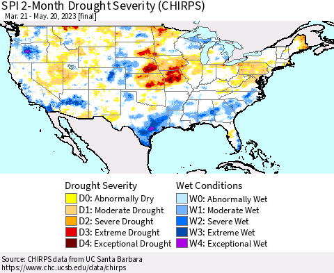 United States SPI 2-Month Drought Severity (CHIRPS) Thematic Map For 3/21/2023 - 5/20/2023