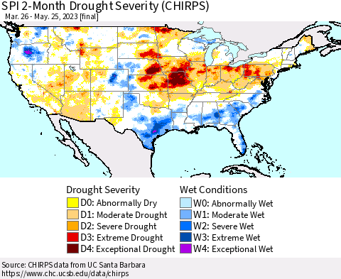 United States SPI 2-Month Drought Severity (CHIRPS) Thematic Map For 3/26/2023 - 5/25/2023