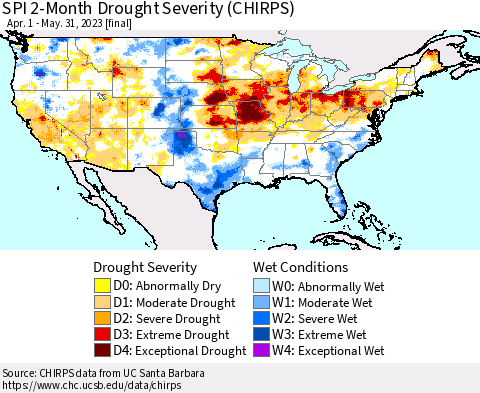 United States SPI 2-Month Drought Severity (CHIRPS) Thematic Map For 4/1/2023 - 5/31/2023