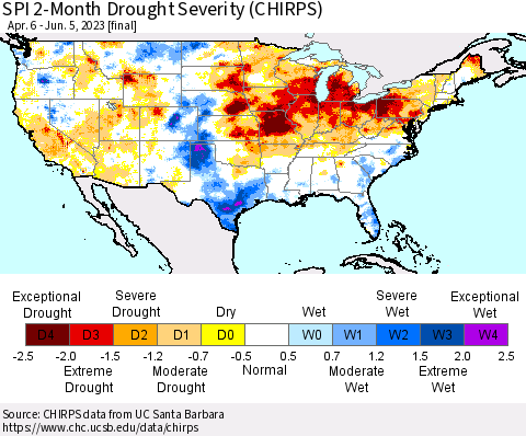 United States SPI 2-Month Drought Severity (CHIRPS) Thematic Map For 4/6/2023 - 6/5/2023