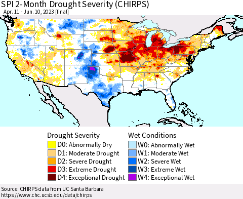 United States SPI 2-Month Drought Severity (CHIRPS) Thematic Map For 4/11/2023 - 6/10/2023