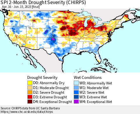 United States SPI 2-Month Drought Severity (CHIRPS) Thematic Map For 4/16/2023 - 6/15/2023