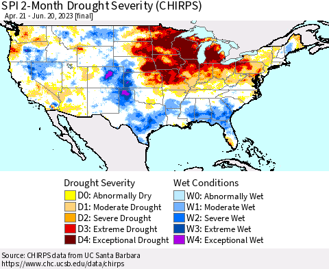 United States SPI 2-Month Drought Severity (CHIRPS) Thematic Map For 4/21/2023 - 6/20/2023