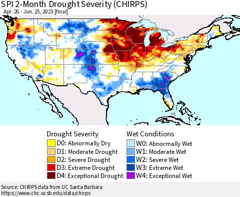 United States SPI 2-Month Drought Severity (CHIRPS) Thematic Map For 4/26/2023 - 6/25/2023