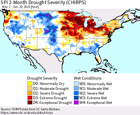 United States SPI 2-Month Drought Severity (CHIRPS) Thematic Map For 5/1/2023 - 6/30/2023
