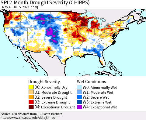 United States SPI 2-Month Drought Severity (CHIRPS) Thematic Map For 5/6/2023 - 7/5/2023