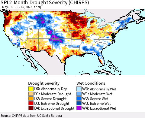 United States SPI 2-Month Drought Severity (CHIRPS) Thematic Map For 5/16/2023 - 7/15/2023