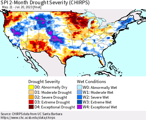 United States SPI 2-Month Drought Severity (CHIRPS) Thematic Map For 5/21/2023 - 7/20/2023