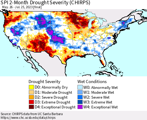 United States SPI 2-Month Drought Severity (CHIRPS) Thematic Map For 5/26/2023 - 7/25/2023