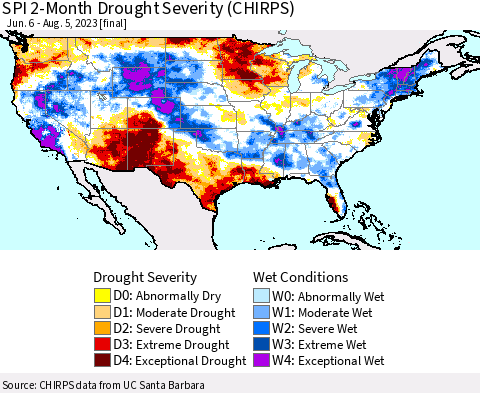 United States SPI 2-Month Drought Severity (CHIRPS) Thematic Map For 6/6/2023 - 8/5/2023