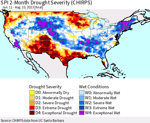 United States SPI 2-Month Drought Severity (CHIRPS) Thematic Map For 6/11/2023 - 8/10/2023