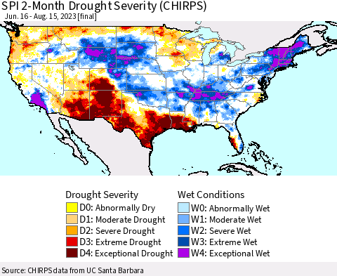 United States SPI 2-Month Drought Severity (CHIRPS) Thematic Map For 6/16/2023 - 8/15/2023