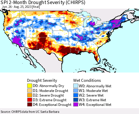 United States SPI 2-Month Drought Severity (CHIRPS) Thematic Map For 6/26/2023 - 8/25/2023