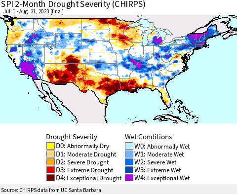 United States SPI 2-Month Drought Severity (CHIRPS) Thematic Map For 7/1/2023 - 8/31/2023