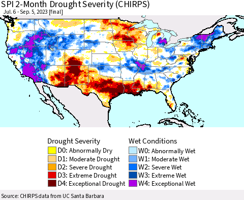 United States SPI 2-Month Drought Severity (CHIRPS) Thematic Map For 7/6/2023 - 9/5/2023