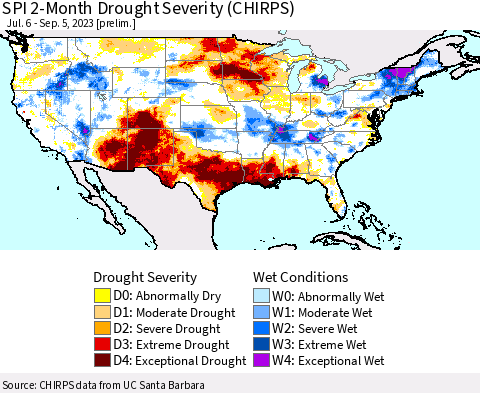 United States SPI 2-Month Drought Severity (CHIRPS) Thematic Map For 7/6/2023 - 9/5/2023