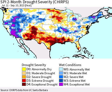 United States SPI 2-Month Drought Severity (CHIRPS) Thematic Map For 7/11/2023 - 9/10/2023