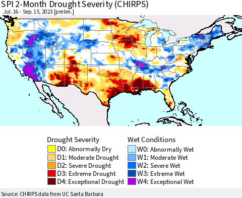 United States SPI 2-Month Drought Severity (CHIRPS) Thematic Map For 7/16/2023 - 9/15/2023