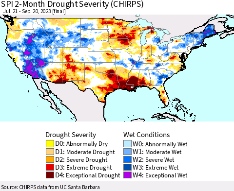 United States SPI 2-Month Drought Severity (CHIRPS) Thematic Map For 7/21/2023 - 9/20/2023