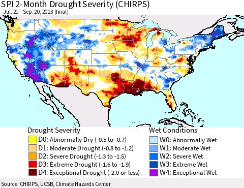 United States SPI 2-Month Drought Severity (CHIRPS) Thematic Map For 7/21/2023 - 9/20/2023