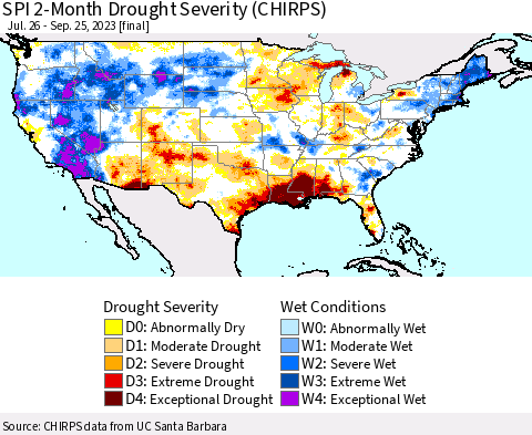 United States SPI 2-Month Drought Severity (CHIRPS) Thematic Map For 7/26/2023 - 9/25/2023
