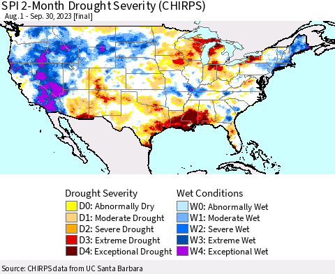 United States SPI 2-Month Drought Severity (CHIRPS) Thematic Map For 8/1/2023 - 9/30/2023