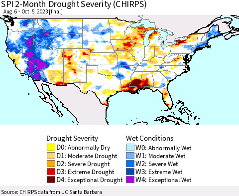 United States SPI 2-Month Drought Severity (CHIRPS) Thematic Map For 8/6/2023 - 10/5/2023