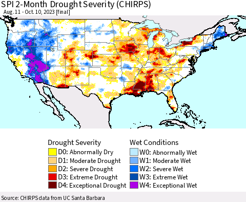 United States SPI 2-Month Drought Severity (CHIRPS) Thematic Map For 8/11/2023 - 10/10/2023