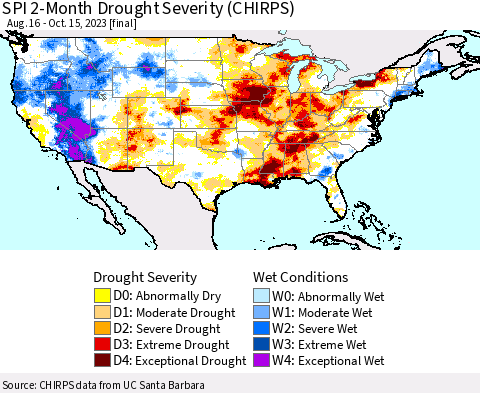 United States SPI 2-Month Drought Severity (CHIRPS) Thematic Map For 8/16/2023 - 10/15/2023
