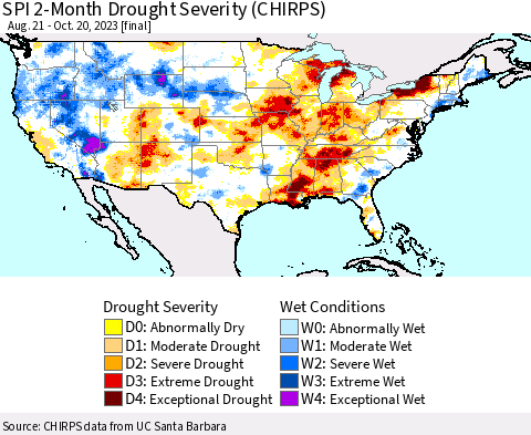 United States SPI 2-Month Drought Severity (CHIRPS) Thematic Map For 8/21/2023 - 10/20/2023
