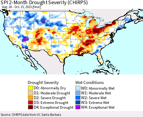 United States SPI 2-Month Drought Severity (CHIRPS) Thematic Map For 8/26/2023 - 10/25/2023