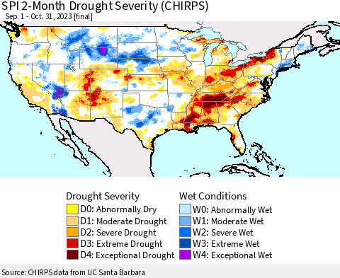 United States SPI 2-Month Drought Severity (CHIRPS) Thematic Map For 9/1/2023 - 10/31/2023