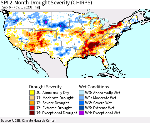 United States SPI 2-Month Drought Severity (CHIRPS) Thematic Map For 9/6/2023 - 11/5/2023