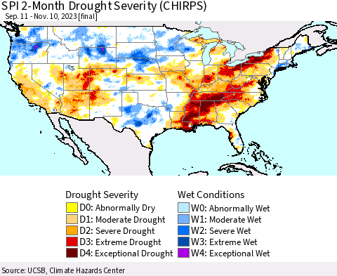 United States SPI 2-Month Drought Severity (CHIRPS) Thematic Map For 9/11/2023 - 11/10/2023