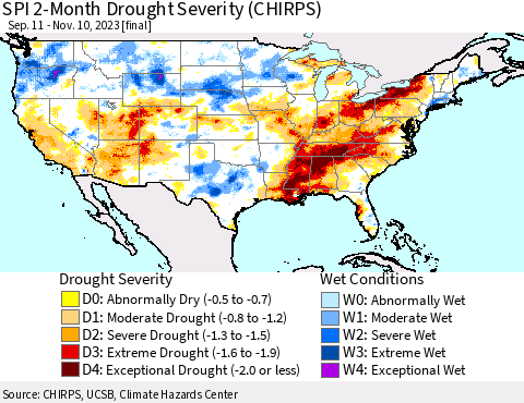 United States SPI 2-Month Drought Severity (CHIRPS) Thematic Map For 9/11/2023 - 11/10/2023