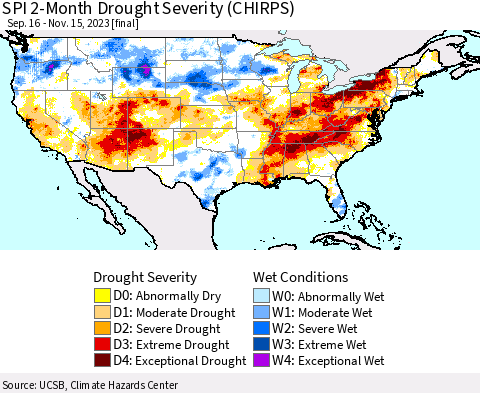 United States SPI 2-Month Drought Severity (CHIRPS) Thematic Map For 9/16/2023 - 11/15/2023
